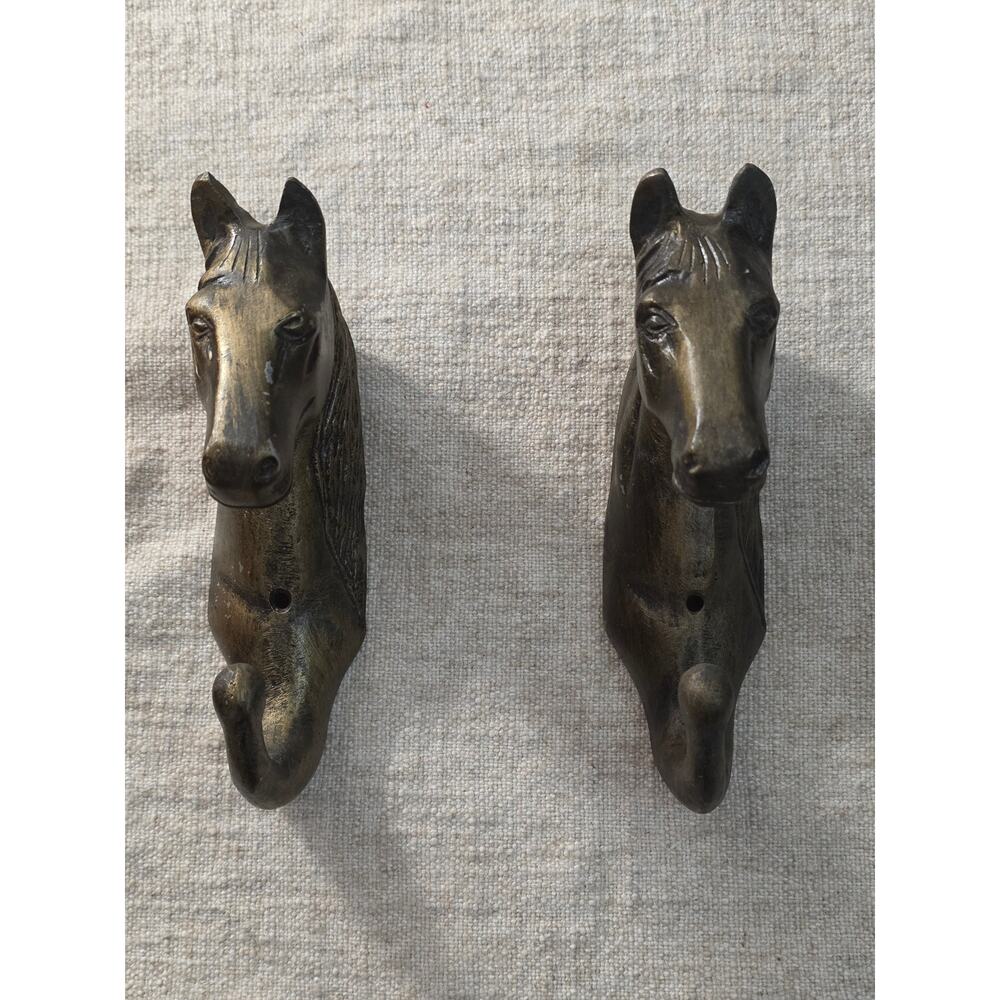 Vintage Indian Cast Iron Painted Brass Horse Head Wall Hooks Equestrian Rustic
